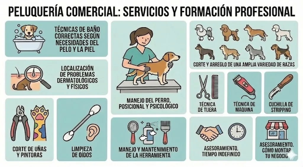 Infografía de peluquería comercial: técnicas de baño, corte de uñas, limpieza de oídos, tijera, máquina, stripping y asesoramiento para montar el negocio