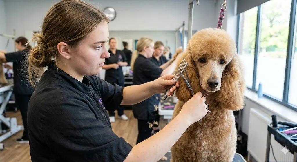 Alumna peinando a un caniche albaricoque durante una clase práctica de peluquería canina
