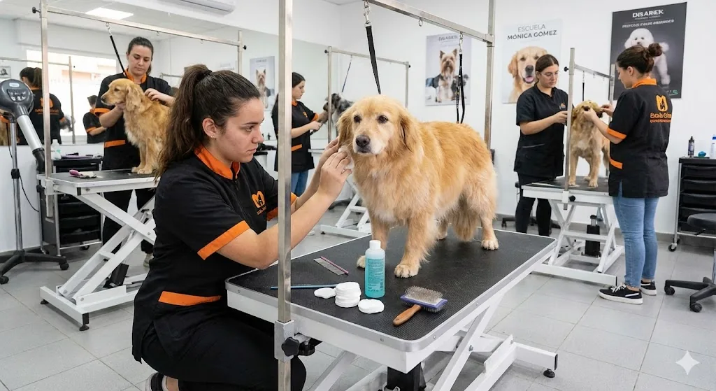 Aula de prácticas con varias alumnas trabajando sobre un golden retriever y otros perros