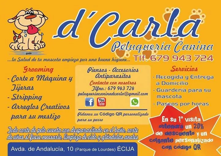 Cartel de d’Carla Peluquería Canina en Écija, negocio de una alumna graduada